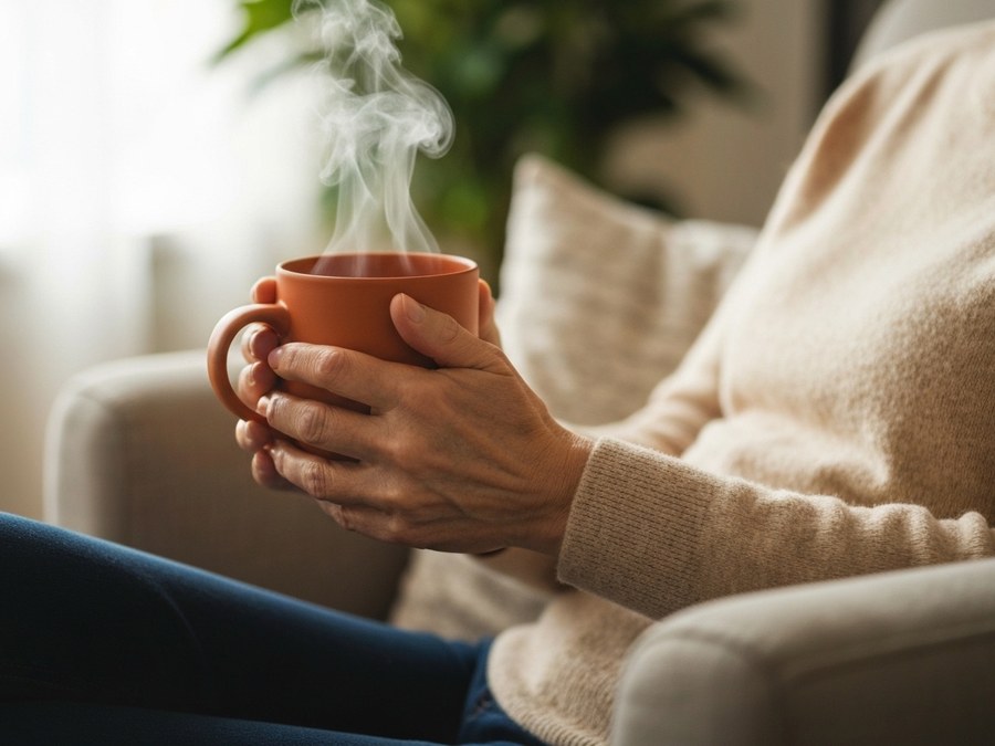 Eine Person mittleren Alters macht Yoga-Übungen im Freien, die Flexibilität und Gelenkgesundheit symbolisieren.
